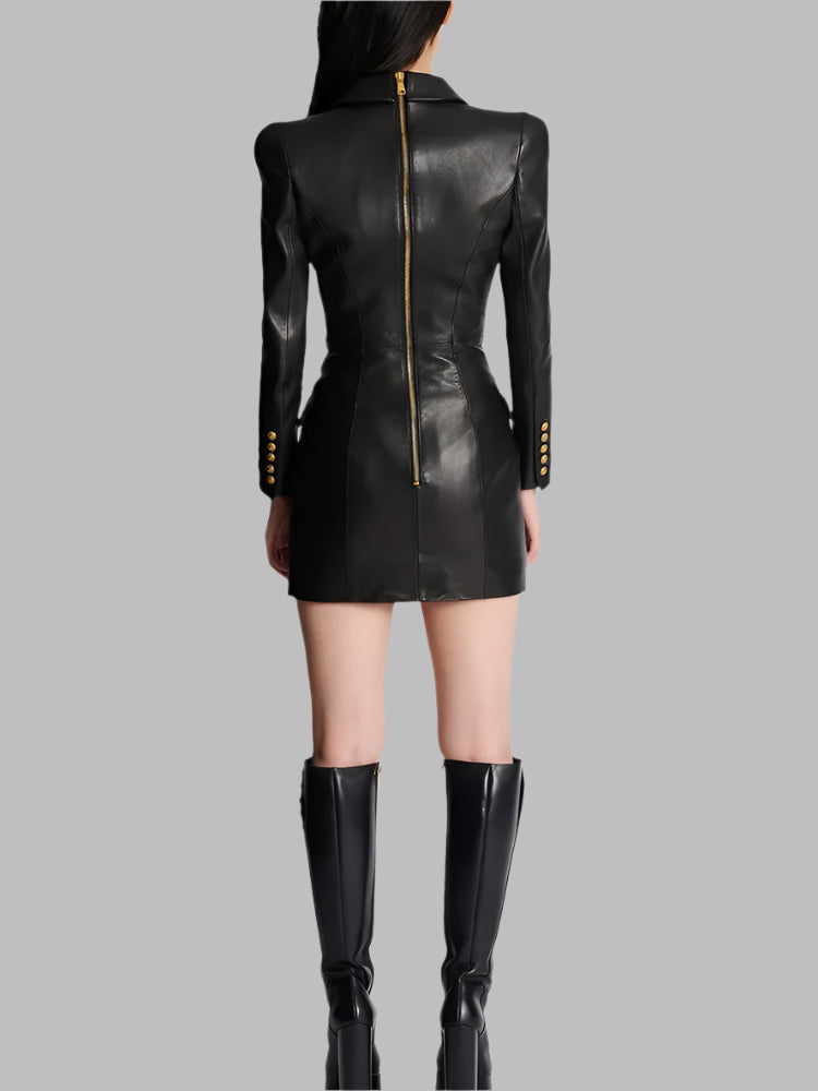 PU Leather Gold Buttons Long Sleeve Back Zipped Mini Dress