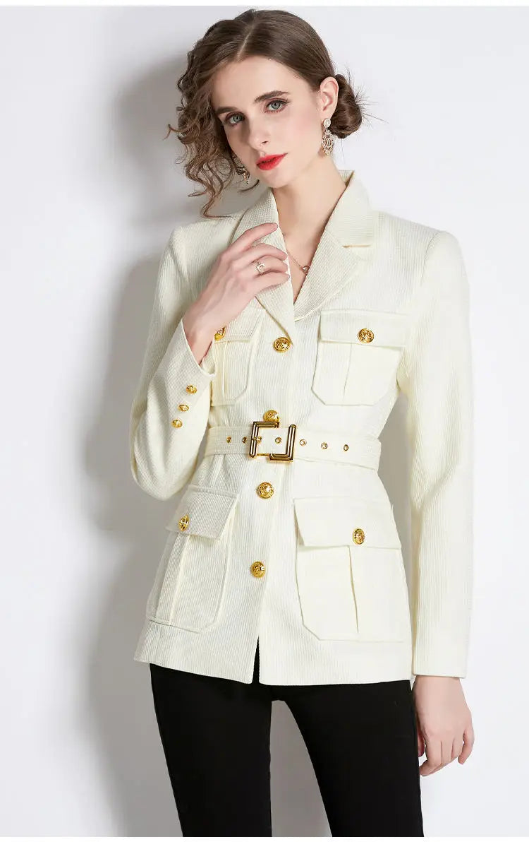 Chickened Vintage Golden Buttons Pocket  Collar Belted Blazers