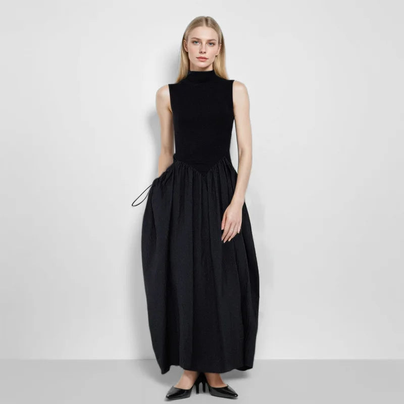 Half Stand Collar Sleeveless Waist Retraction Drawstring Maxi Dress