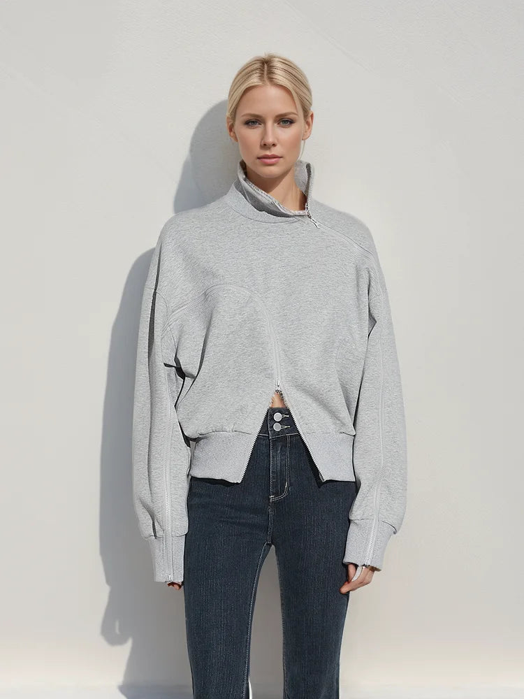 Turtleneck Long Sleeve Patchwork Zipper Sweatshirt Pullover