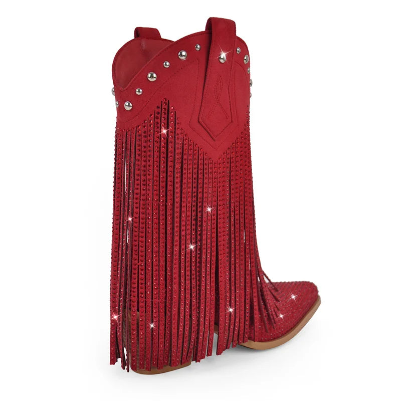 Pointed Toe Rhinestone Bling Pointed Toe Fringe Mid Boots