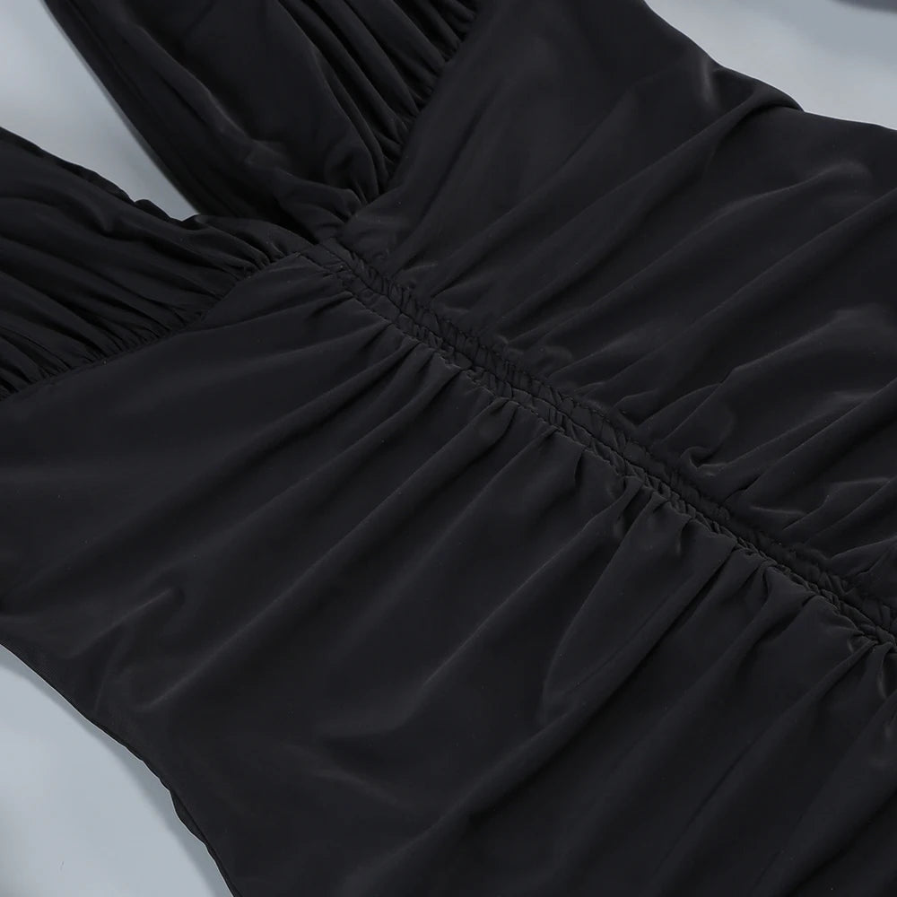 V-neck Long sleeved Folded Elastic Knitted Robe Maxi Dress