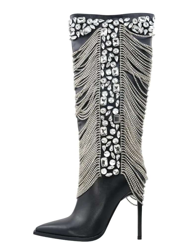 Metal Chain Crystal Decor High Heel Over the Knee Boots