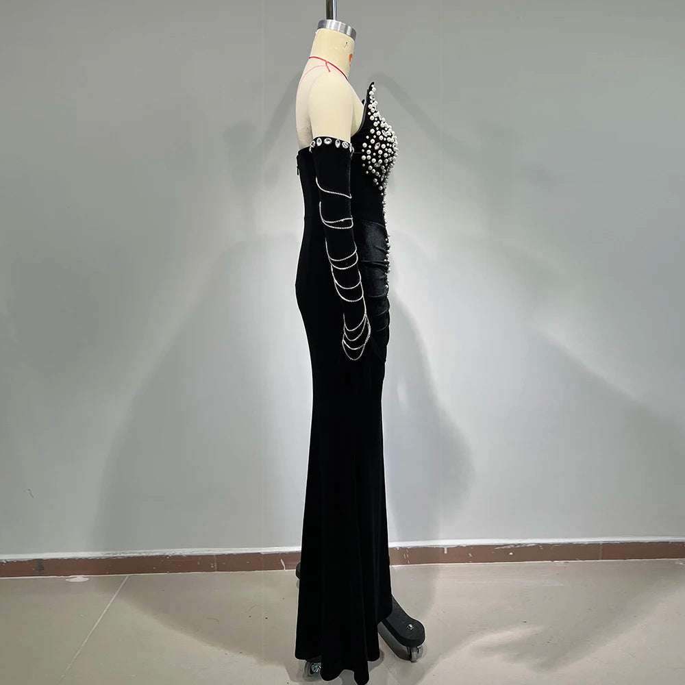 Pearl Crystal Off Shoulder Long Sleeve Mermaid Tassel Gloves Maxi Dress