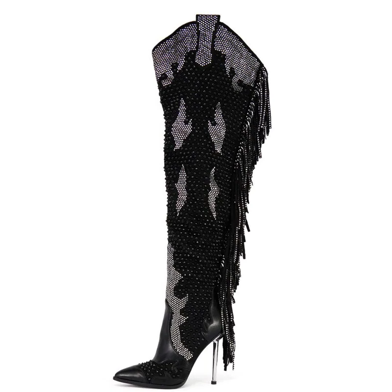 Crystal Pendant Tassel Side Zip Metal High Heels Over the Knee Boots