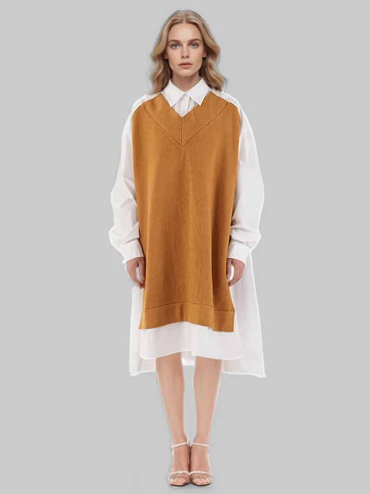 Turn-down Collar Knitted Shirt Single Breasted Loose Mid Dress