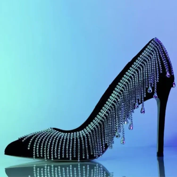 Bling Rhinestone Tassel Covered Pumps Thin High Heels Shoes