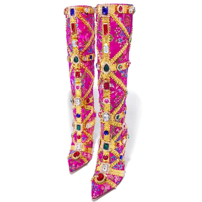 Diamond Embroidered Patchwork High Heel Knee High Boots