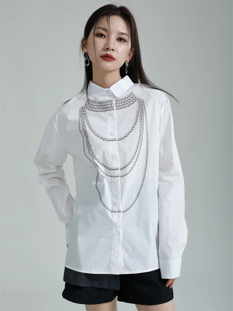 Printed Beading Lapel Long Sleeve Loose Fit Casual Blouse Shirt