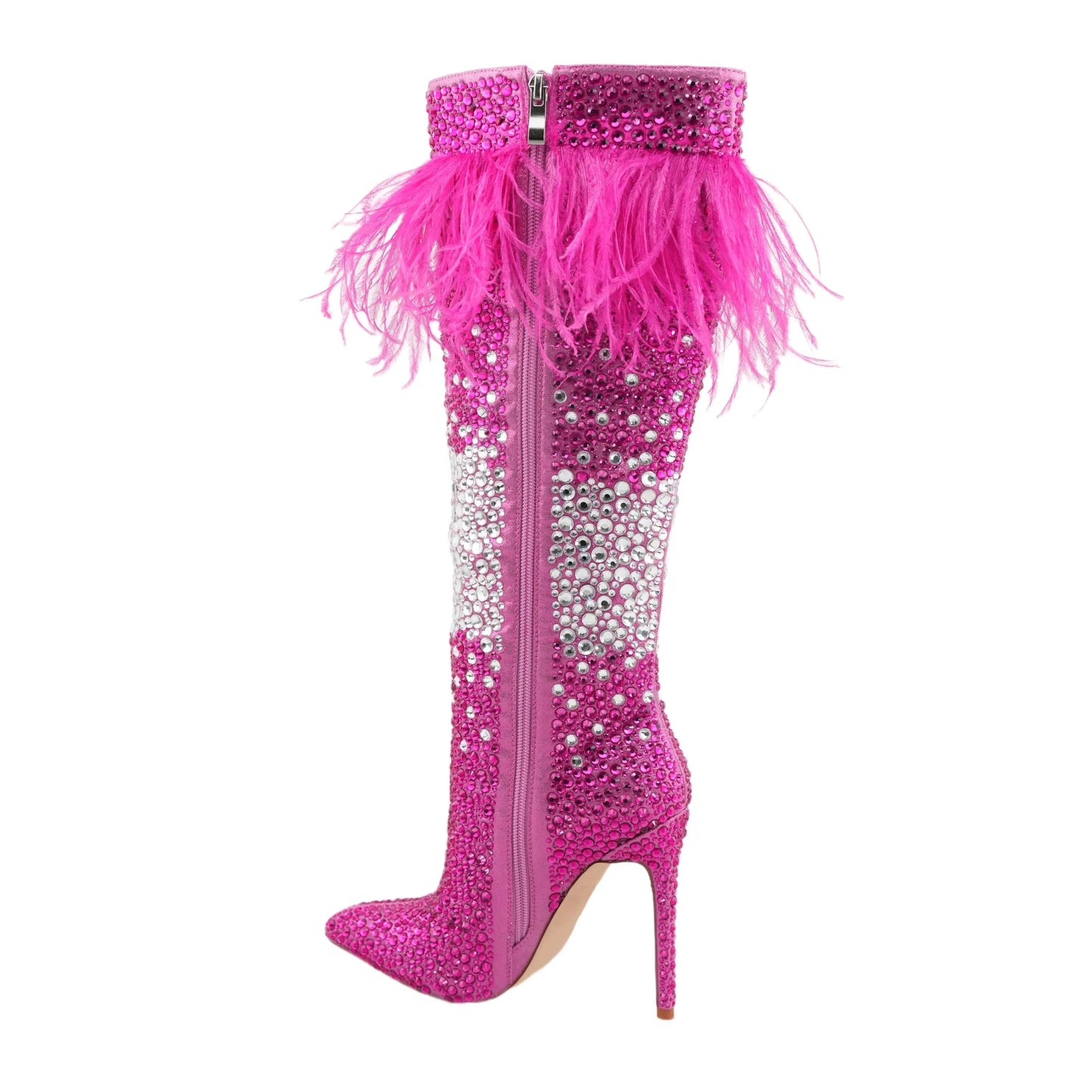 Crystal Fur Decor Pointed Toe Thin High Heels Knee High Boots