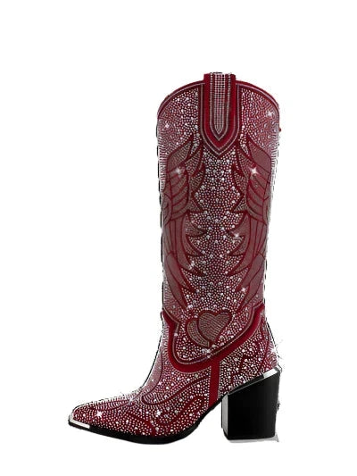 Crystal Rhinestones Bling Buckle Square High Heel Knee High Boots