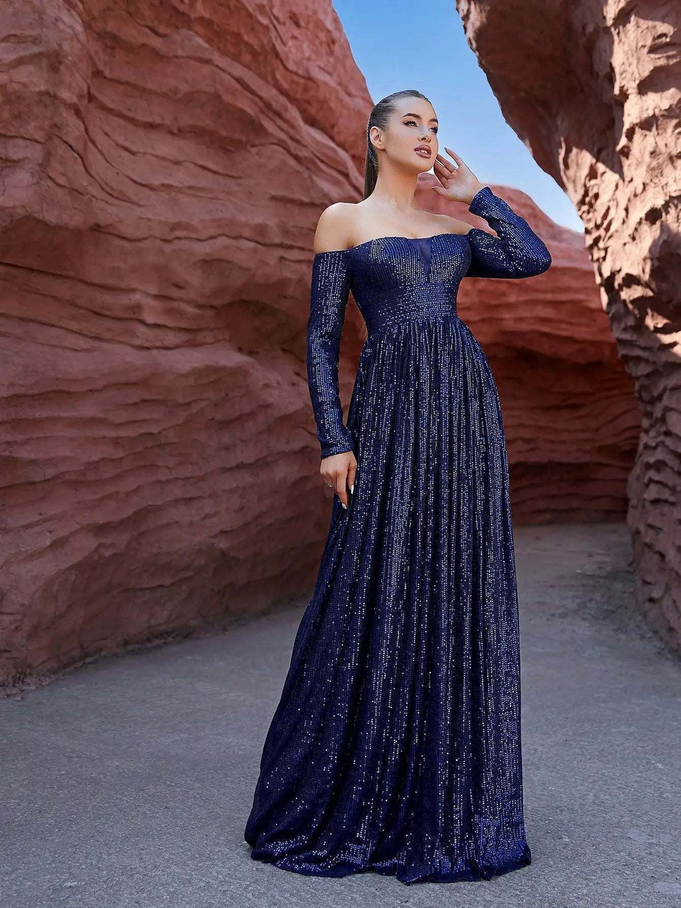 Off Shoulder A Line Long Sleeves Sequins Evening Maxi Dress