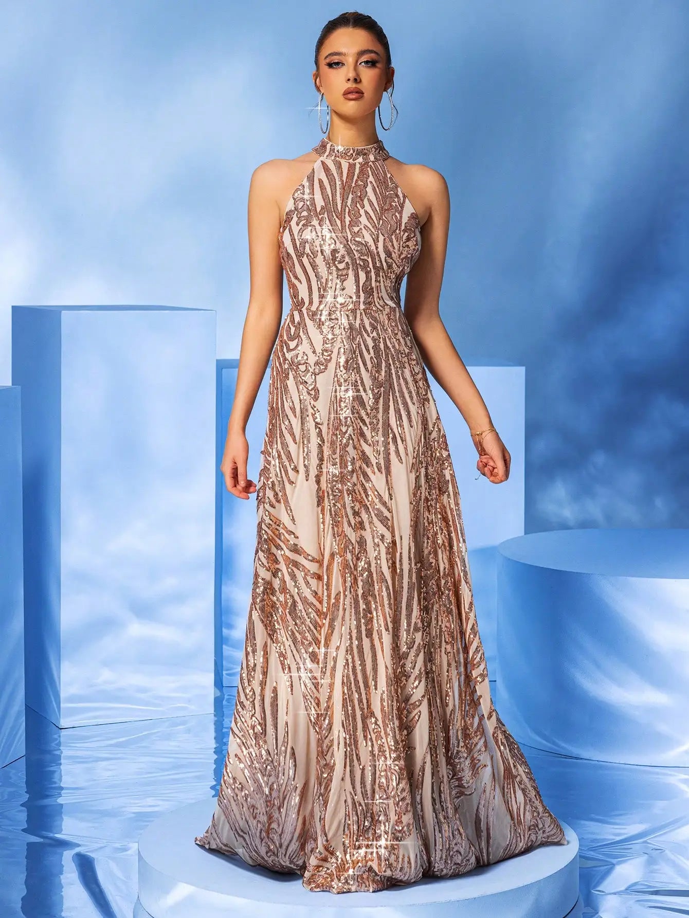 Stand O Neck Cold-Shoulder Sparkly Gold Sequin Mermaid Maxi Dress