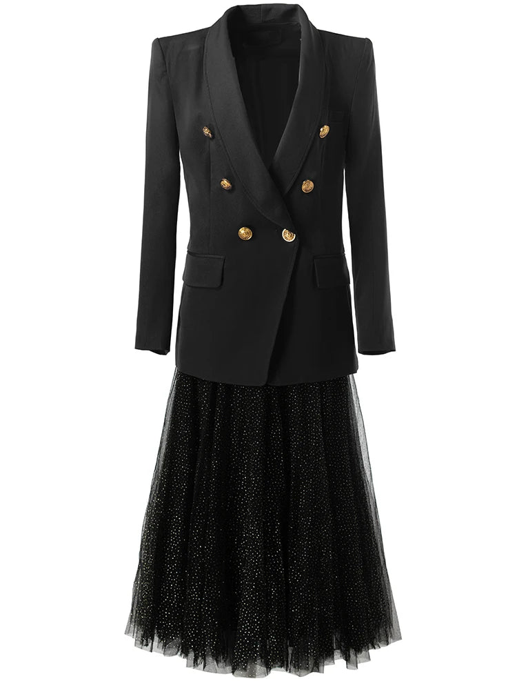 Long Sleeve Gold Button Blazer Mash Polka Dot Flutter Skirt Set