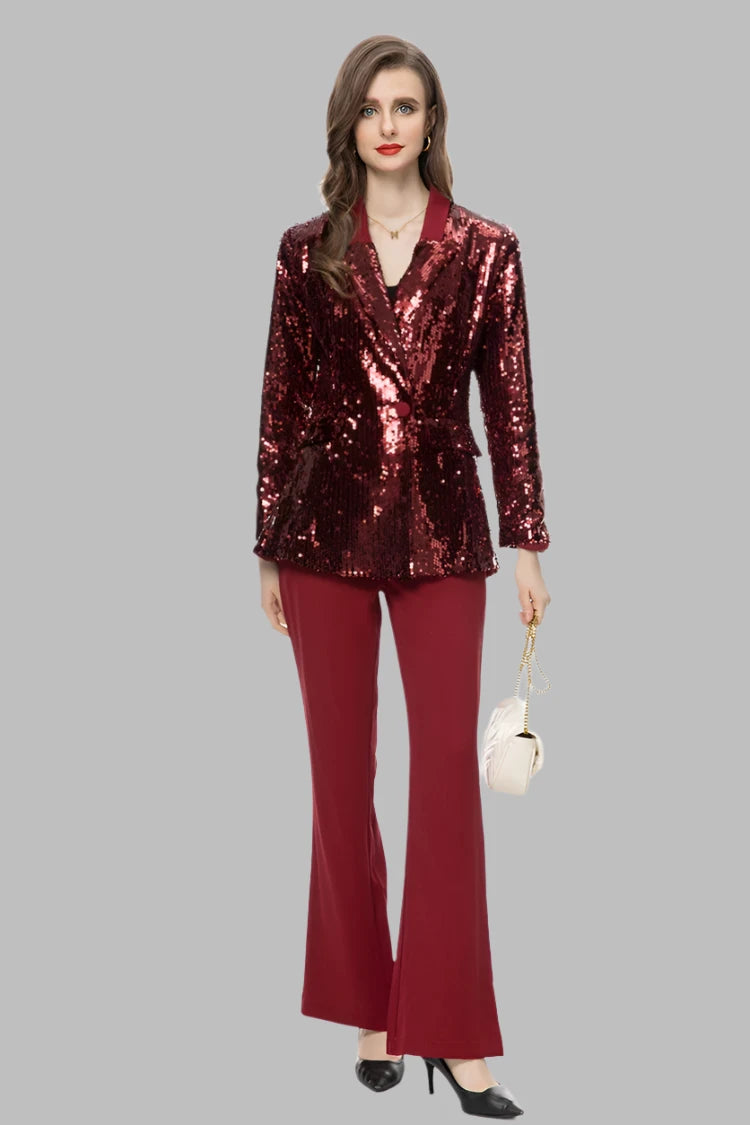 Vintage Lapel Caller Sequins Pockets Blazer Flare Trousers Set