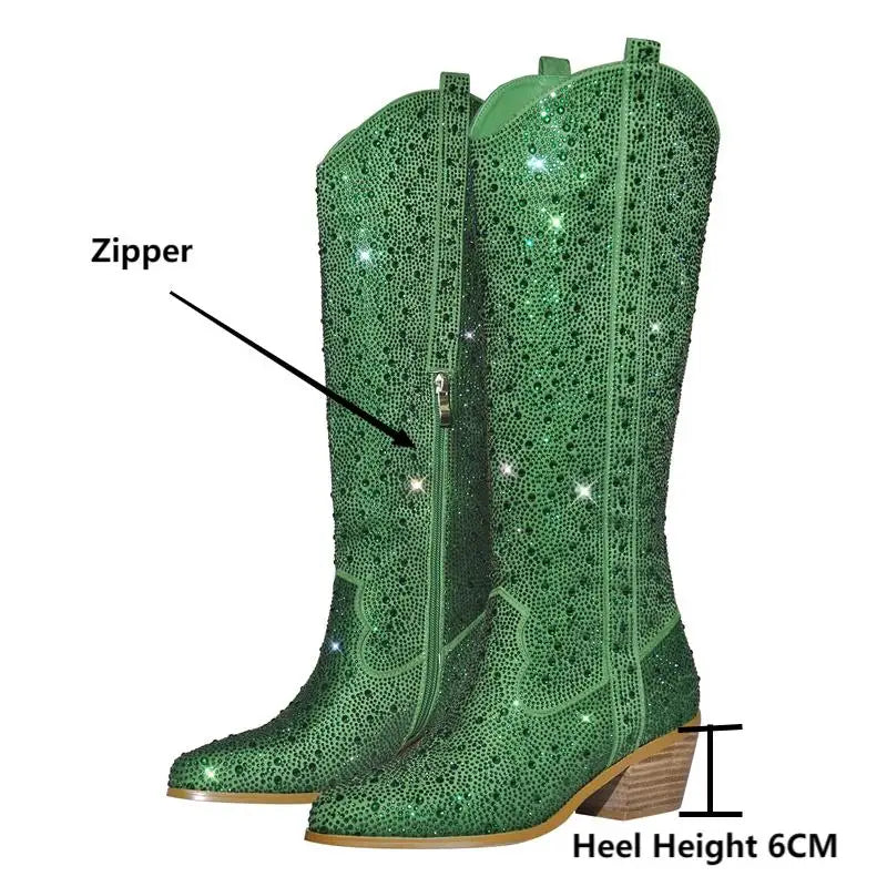 Rhinestone Clear Glitter Bling Shiny Pointed Toe Block Heel Knee High Boots