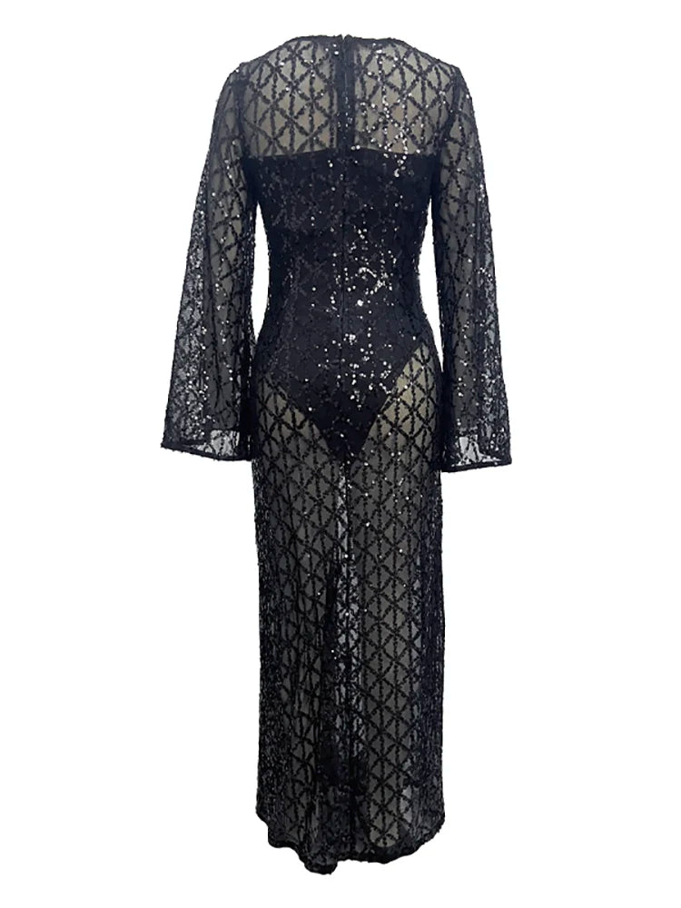 O Neck Flare Long Sleeves See Bodysuit Through Mesh Sequins Slim Dress