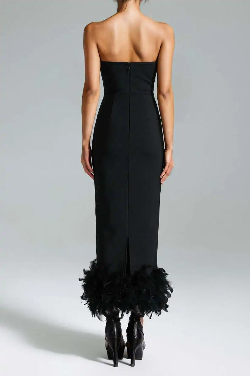 Off Shoulder Strapless Feathers Long Bandage Maxi Dress