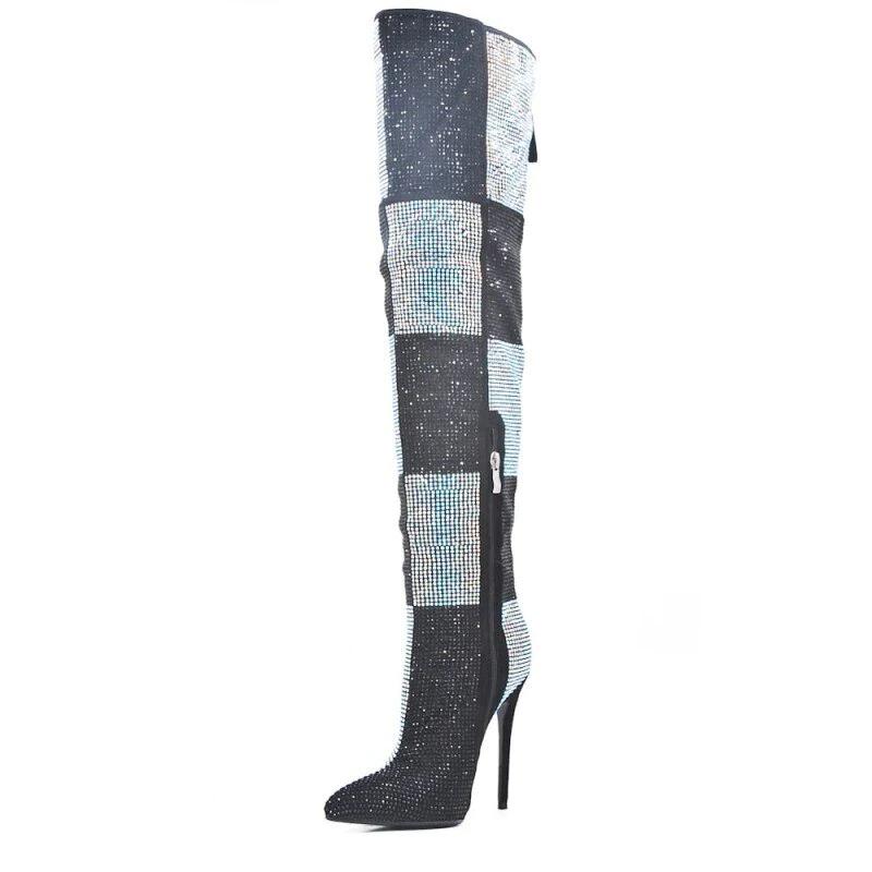 Patchwork Crystal High Heels Over The Knee Boots