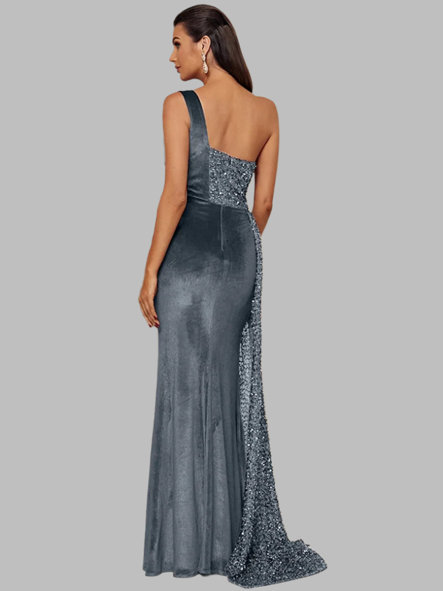 One Shoulder Chic Draped Sequin Panel Velvet Split Prom Maxi Dress