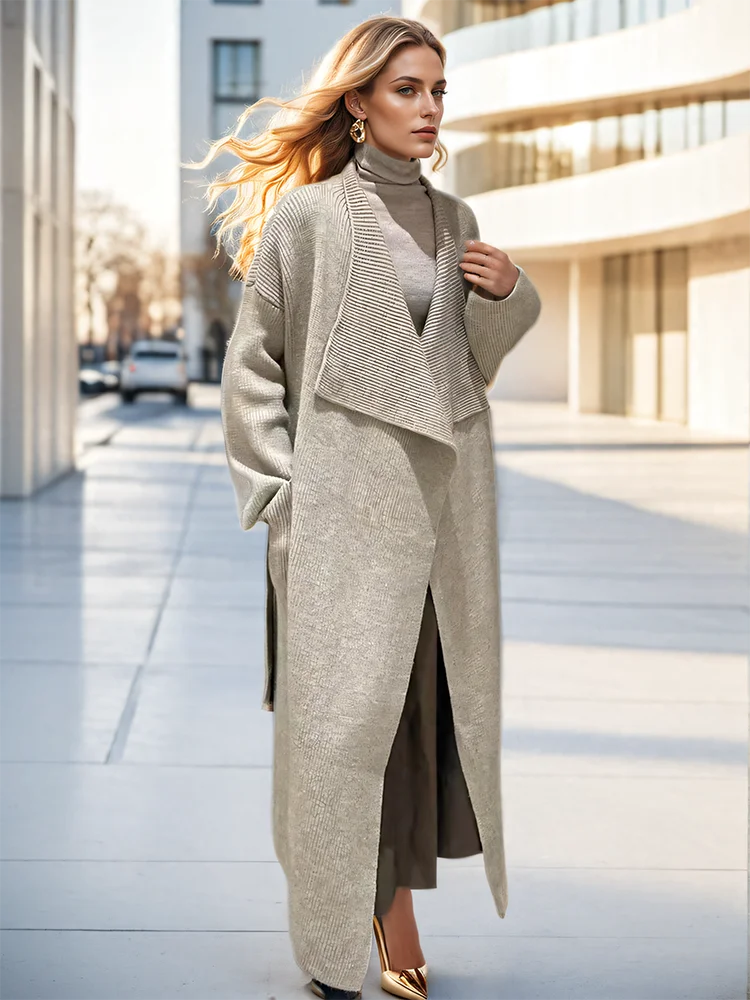 Lapel Loose Fit Long Sleeves Sashes Knitted Cardigan Maxi Coat