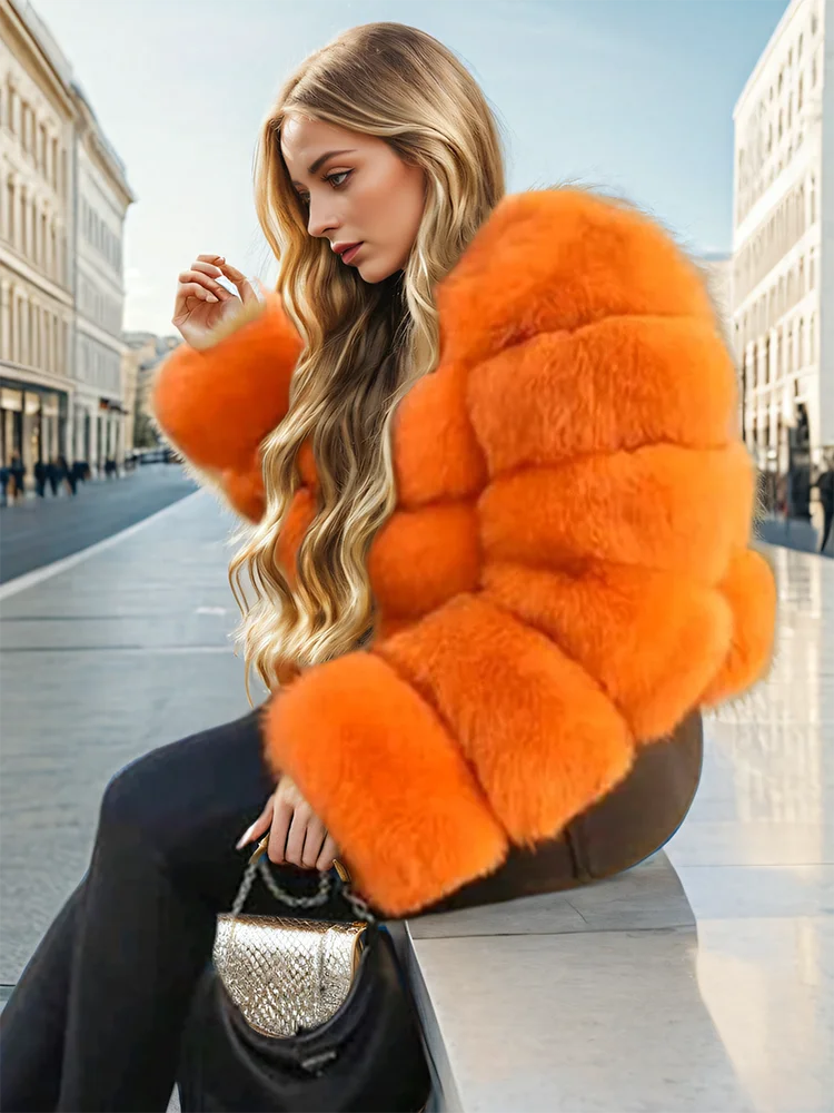 O-Neck Lapel Loose Long Sleeves Patchwork Thick Faux Fur Coat