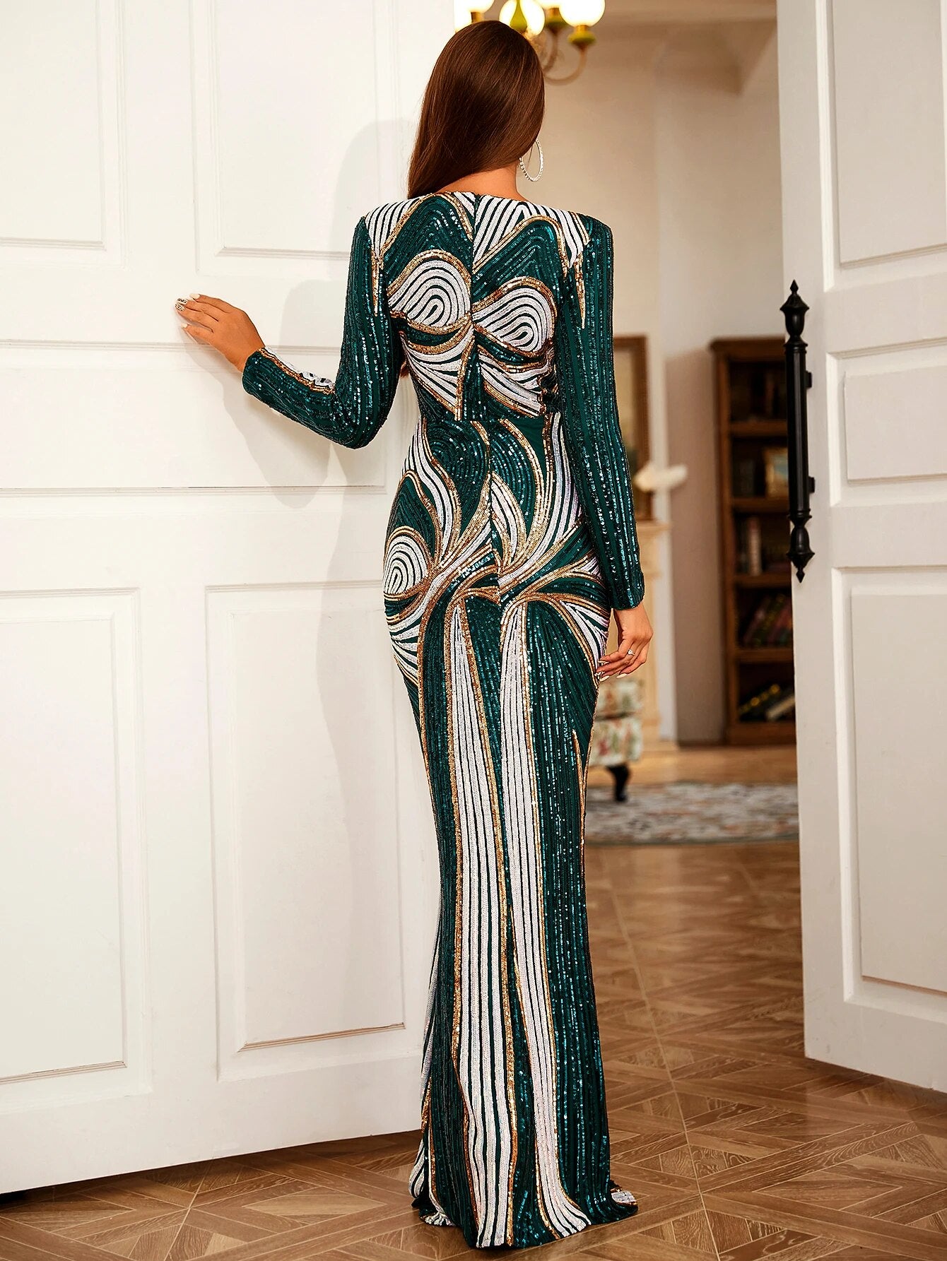 V-neck Long Sleeve Slim Multi Sequin Split Maxi Dress
