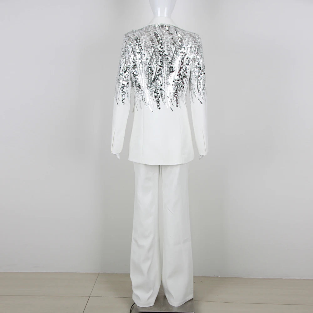 Diamond Turn-down Collar Long Sleeves Sparkling Blazer Wide Leg Trouser Set