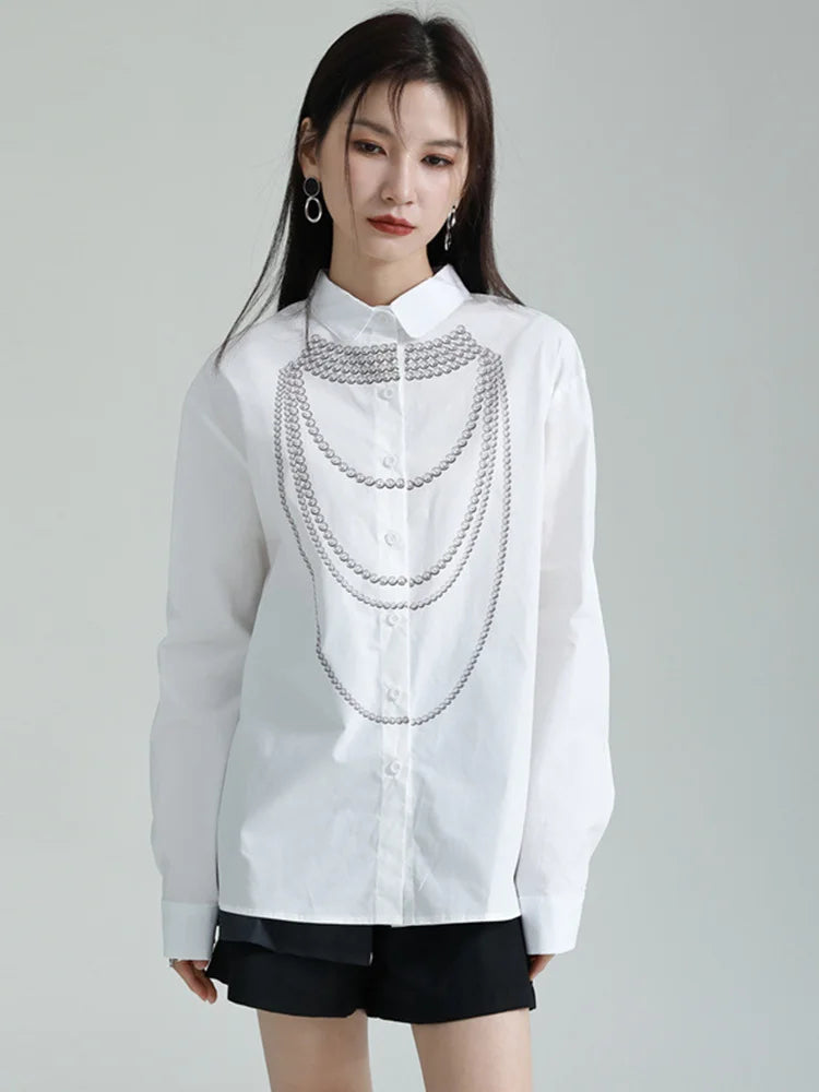 Printed Beading Lapel Long Sleeve Loose Fit Casual Blouse Shirt