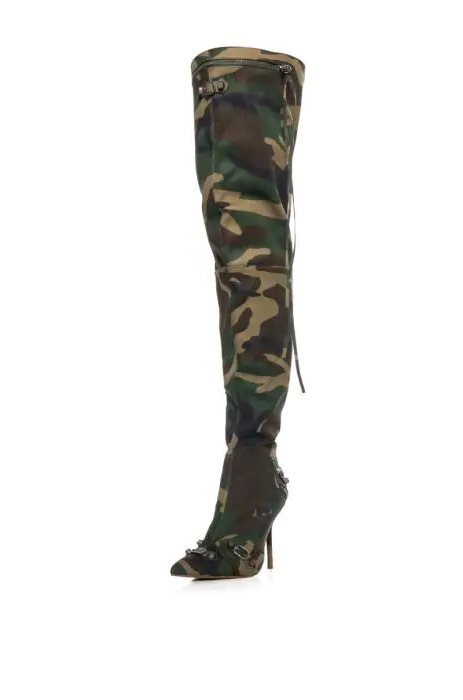 Canvas High Heel Buckle Pointed Toe Over The Knee Boots