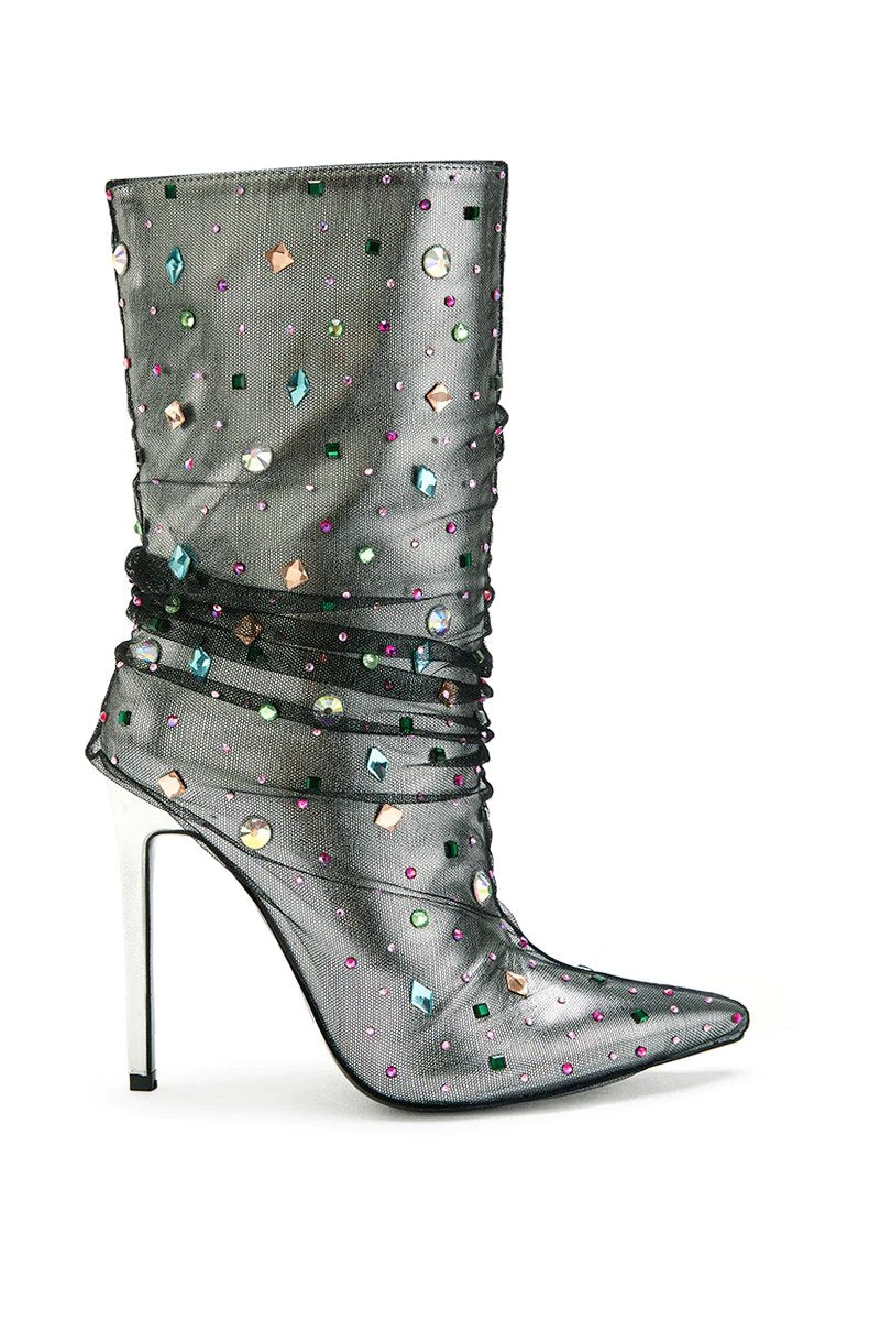 Diamonds Crystal Mesh Pointed Toe High Heels Mid calf Boots