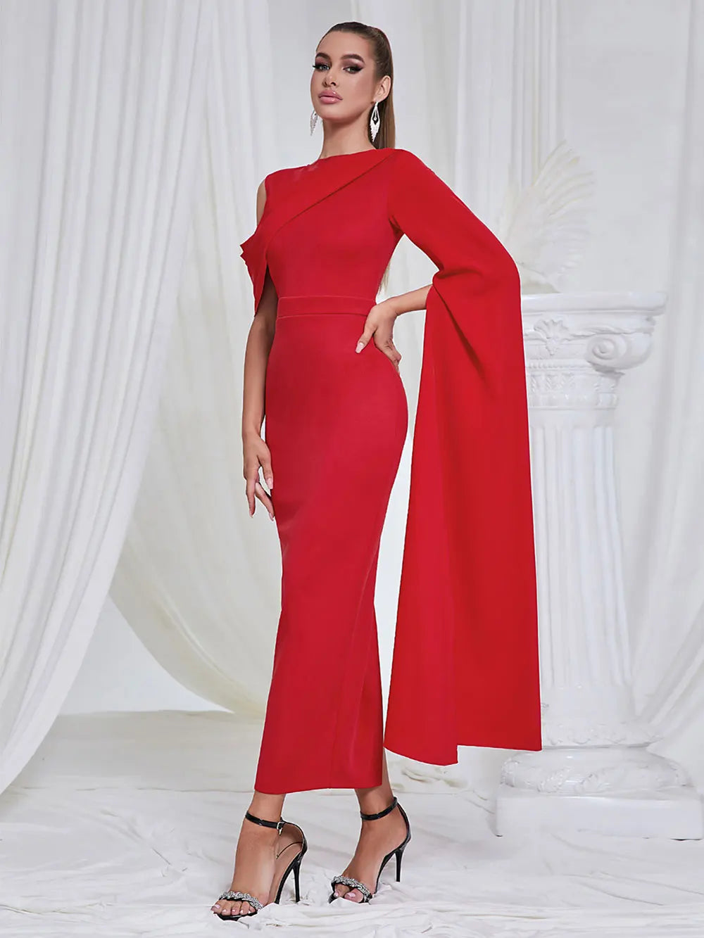 O-neck Single Shoulder Oversized Trumpet Sleeve Maxi Dress