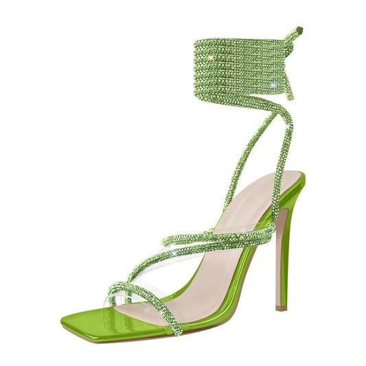 Rhinestone Crystal Lace-Up Square Toe Cross Strap High Heel Sandals