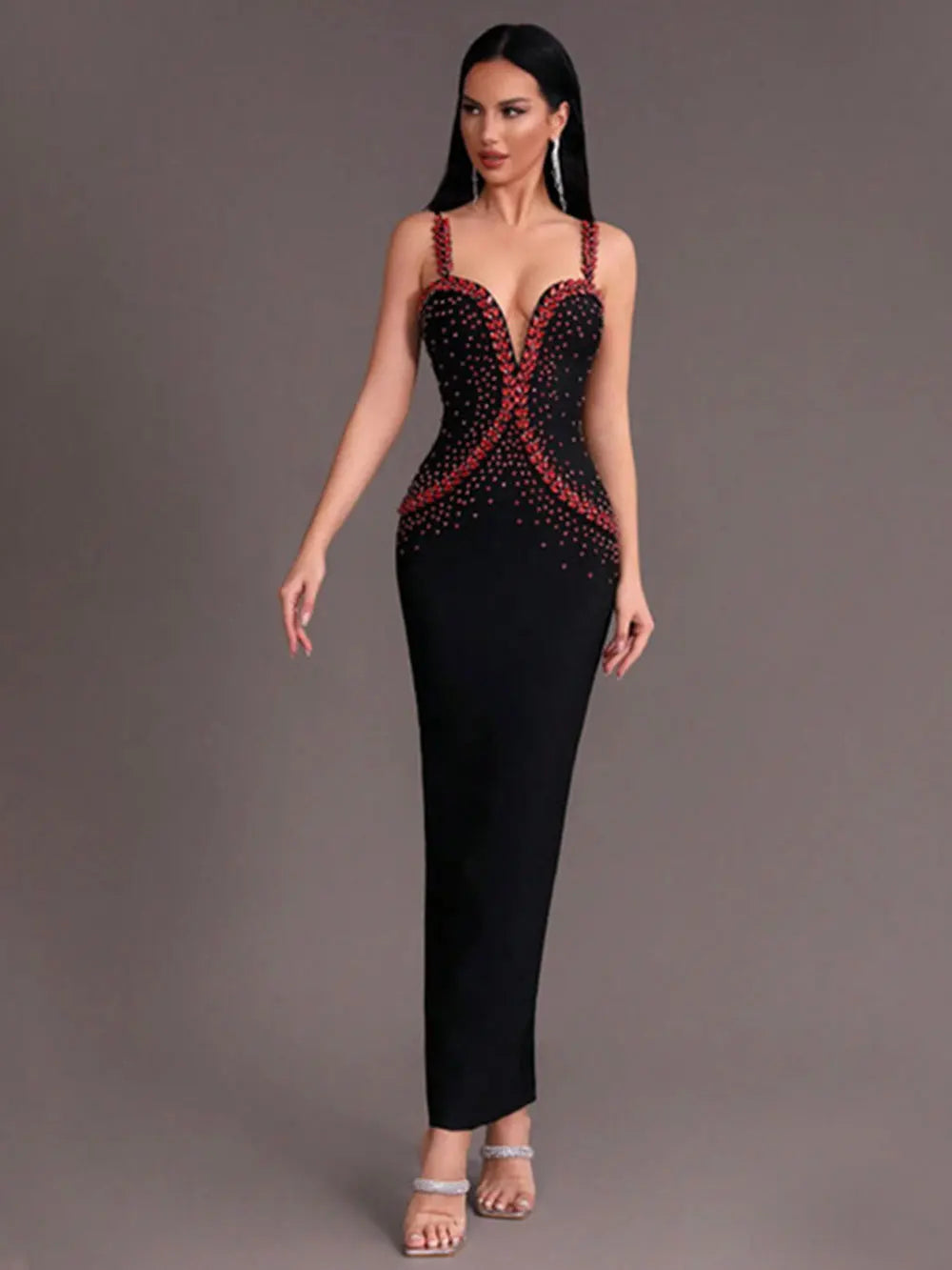 Beaded Diamond Spaghetti Strap Sleeveless Bandage Maxi Dress