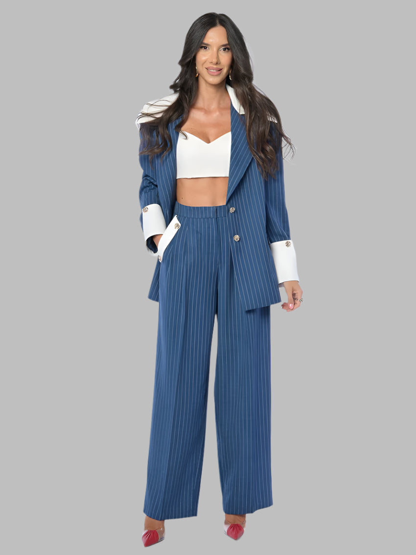 Stripe Patchwork Long Sleeve Blazer With High Waist Trousers Set