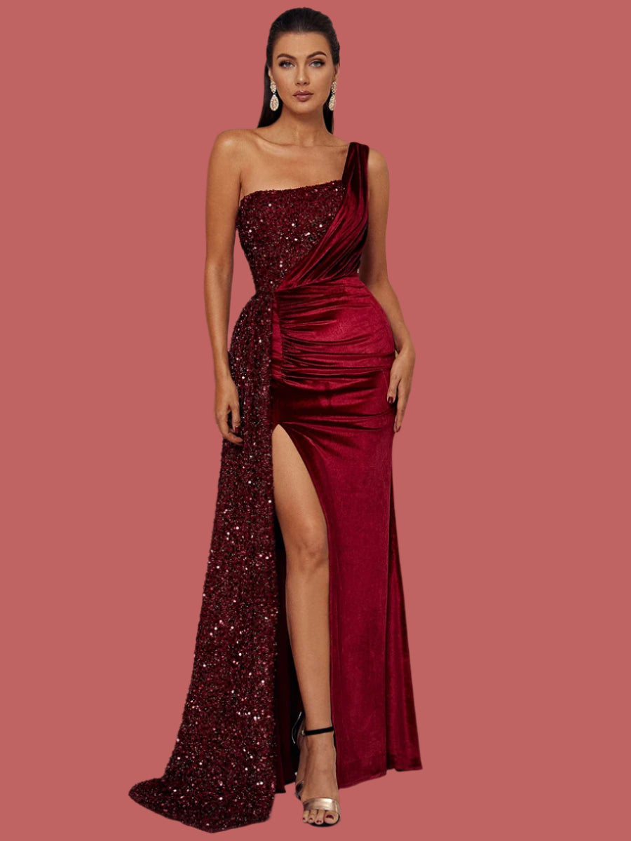 One Shoulder Chic Draped Sequin Panel Velvet Split Prom Maxi Dress