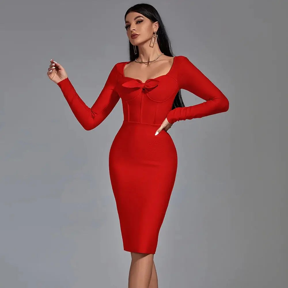 Square Neck Long Sleeve Bow Decor Split Mid Bandage Dress