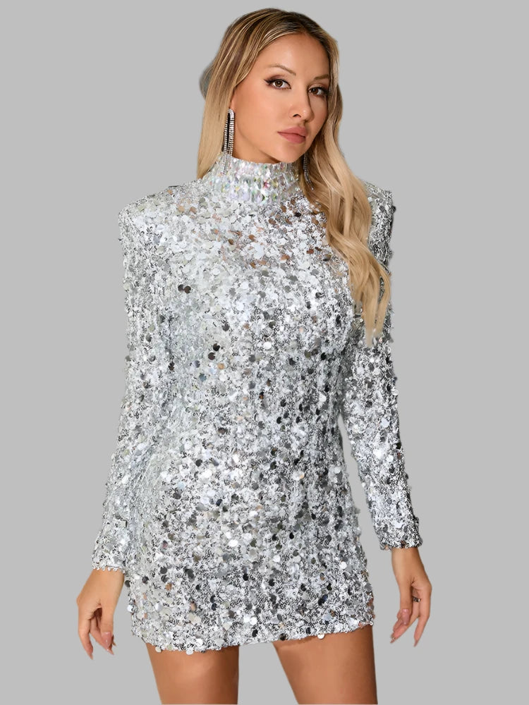 Turtleneck Long Sleeves Shiny Diamond Sequins Mini Dress