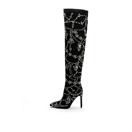 Rhinestone Flock Thigh High High Heels Over The Knee Boots