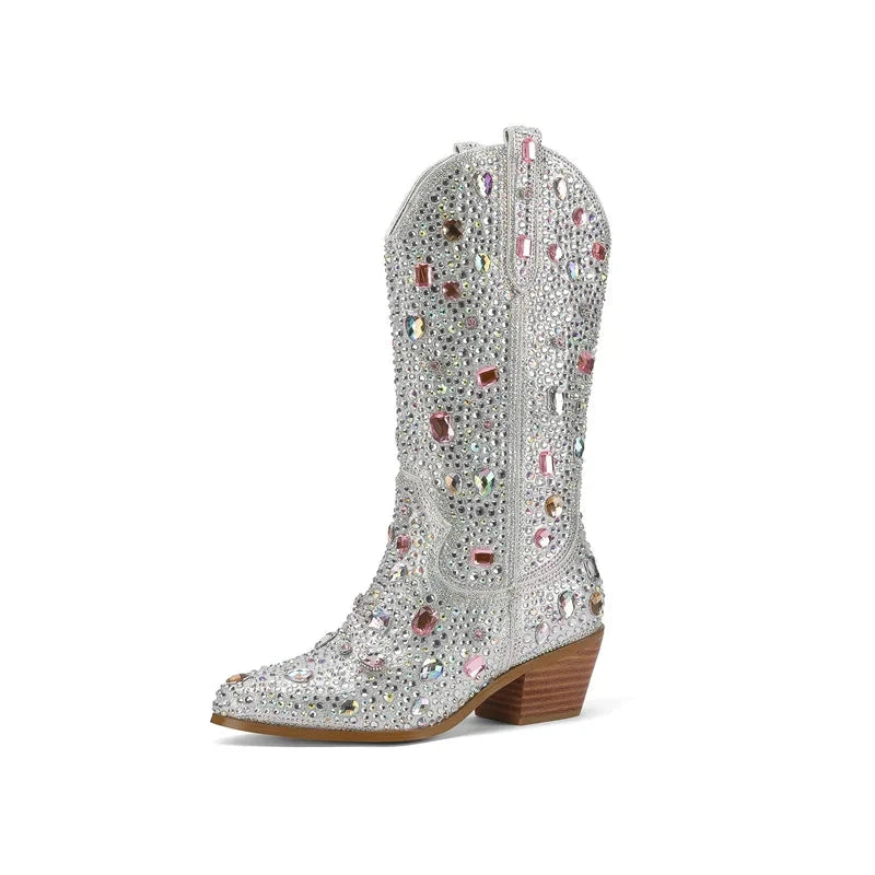 Crystal Rhinestone Pointed Toe Slip On Thick Heel Mid Boots