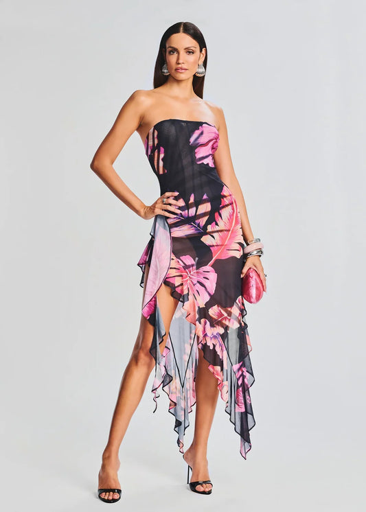 Strapless Printed Asymmetric Floral Ruffle Decor Mid Dress