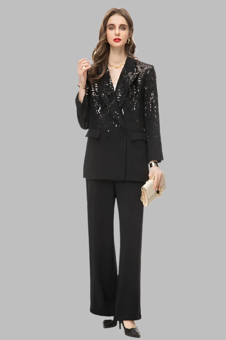 Lapel Collar Sequins Patchwork Blazer Mid Waist Straight Trousers Set