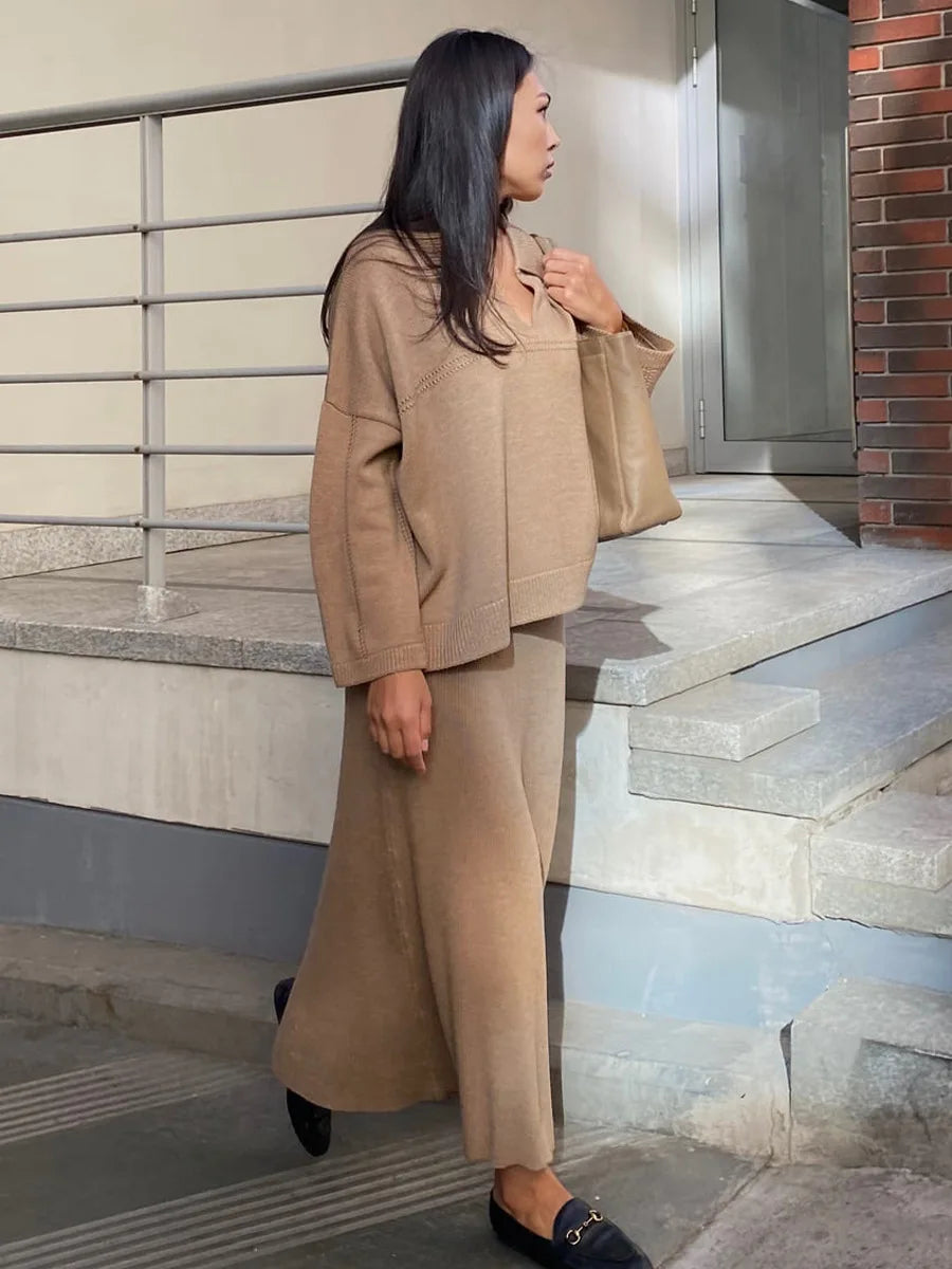 V neck Loose Fit Long Sleeves Pullover High Waist Mid Skirt Set