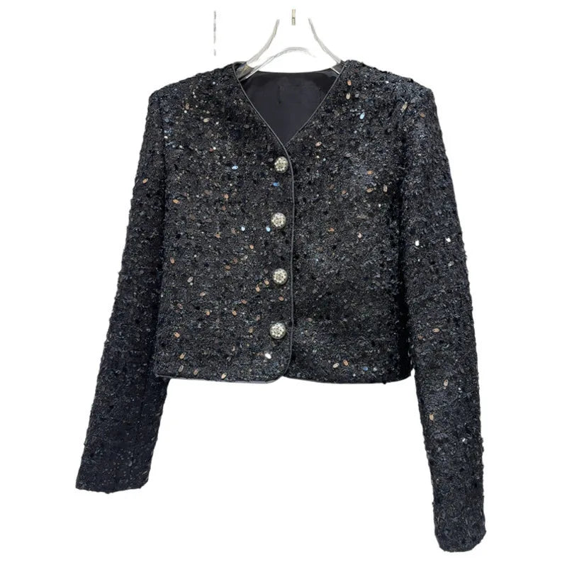 Sequin Tweed Single breasted O neck Long Sleeve Mini Jacket