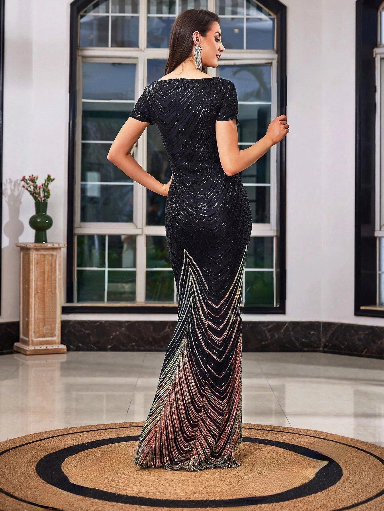 Deep V-Neck Black Sequin Embellished Mermaid  Maxi Dress