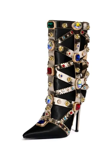 Colourful Bling Crystal Gem Pointed Toe Knee High Boots