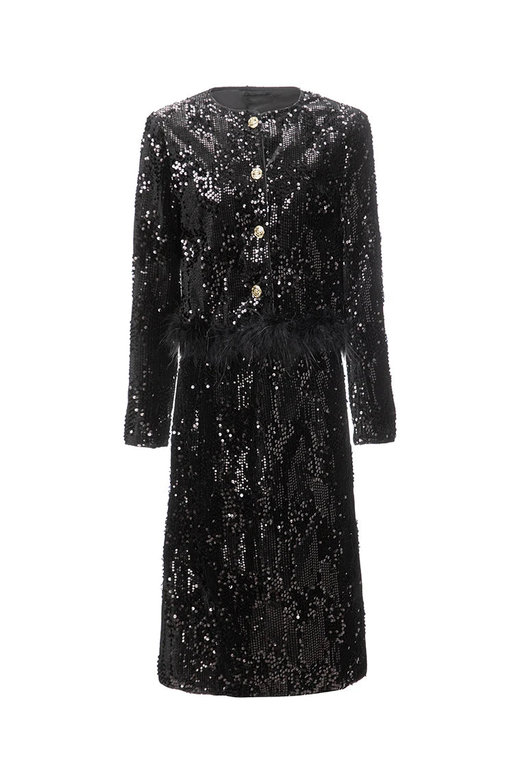 Vintage Feather Patchwork O Neck Sequins Mini Coat Mid Skirt Set