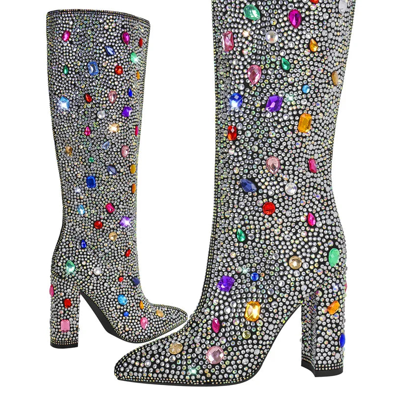 Pointed Toe Rhinestone Block Heel Knee High Boots