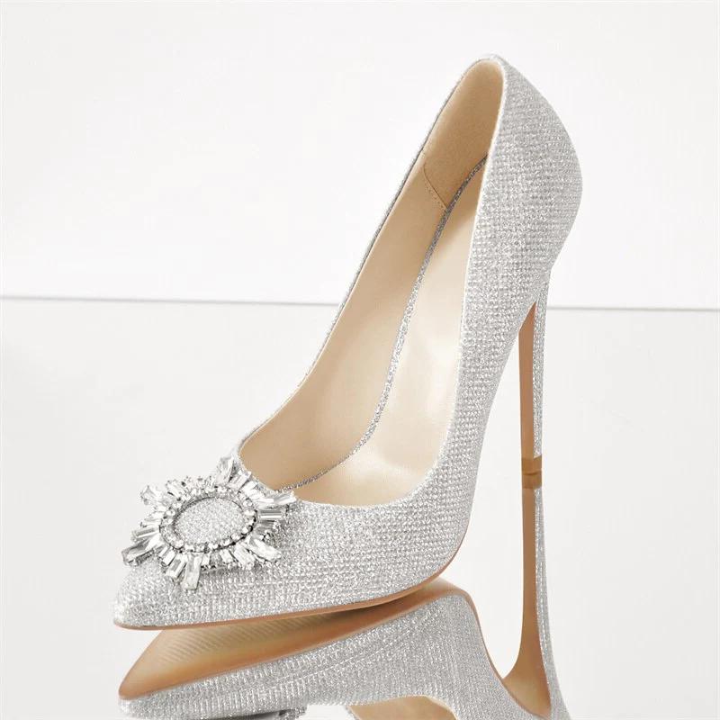 Pumps Silver Diamond Buckle Pointed Toe High Heels Shoes