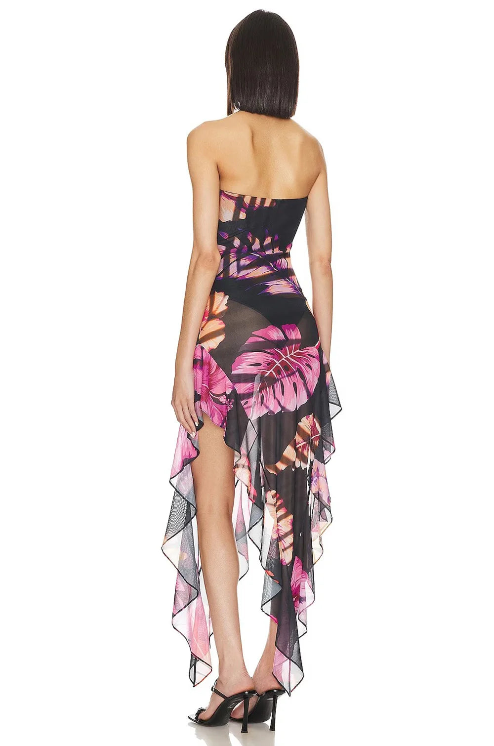 Strapless Printed Asymmetric Floral Ruffle Decor Mid Dress